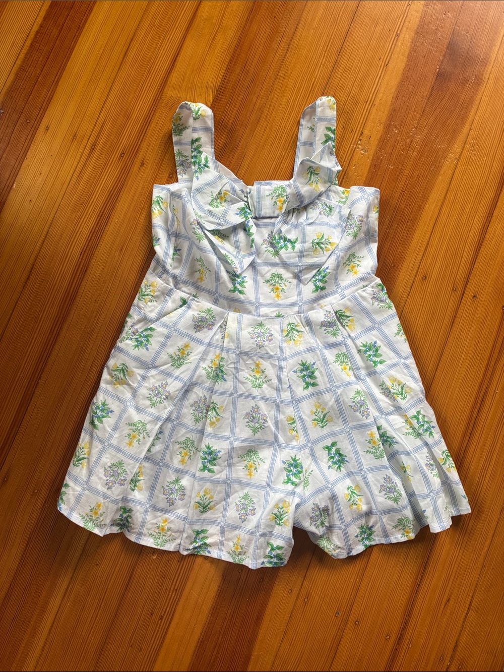 Janie and Jack White Floral Bow-Front Girls Romper — Green & Yellow Accents